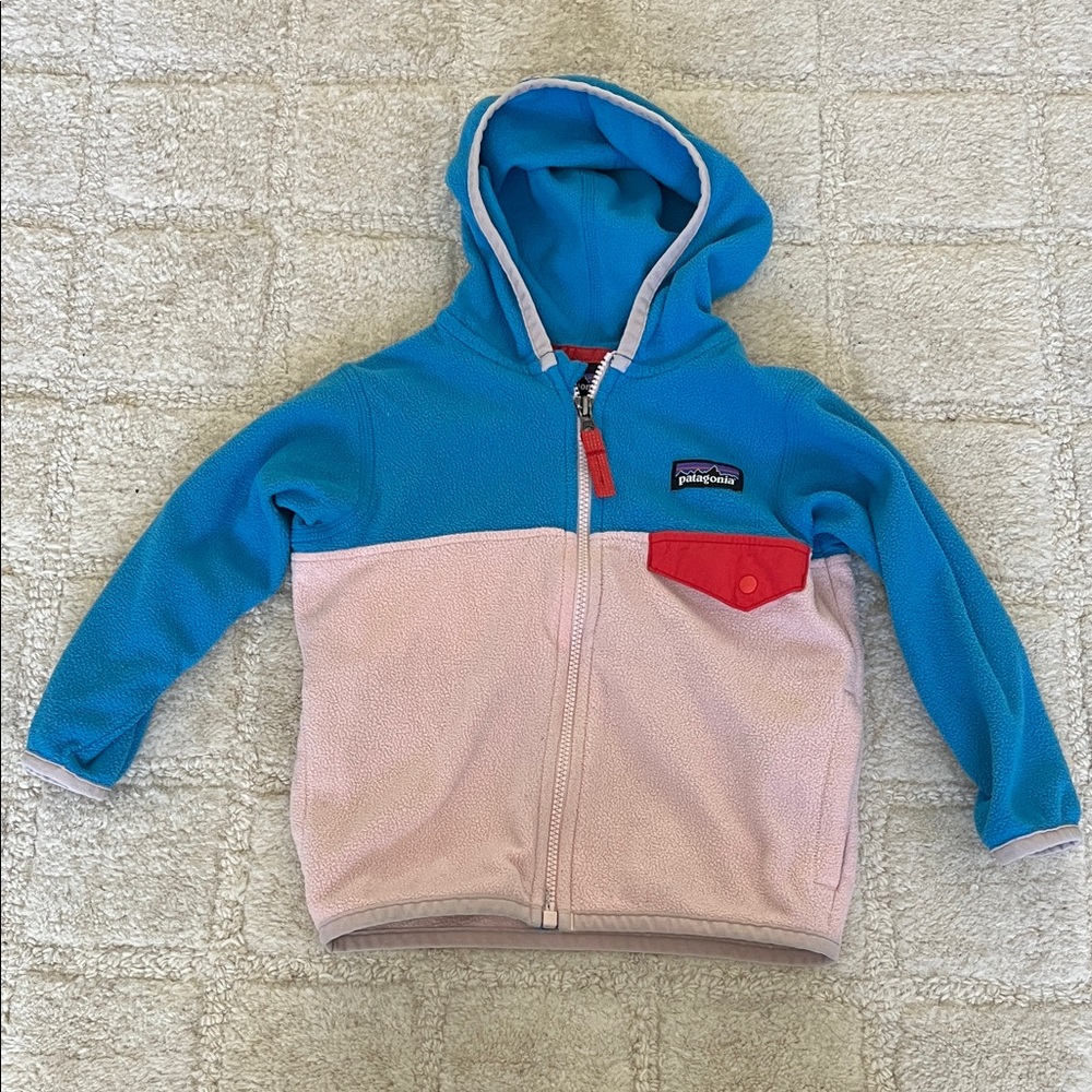Patagonia Kids' Hoodie in Blue and Pink with Red Accent